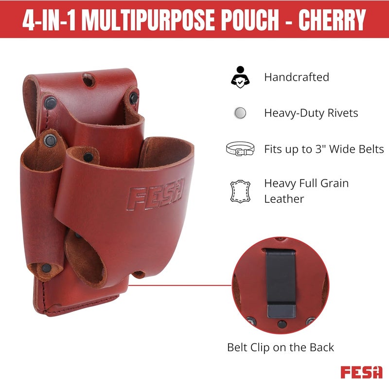 fesa Small Leather Tool Pouch - 4-in-1 Heavy Top Grain Leather Small Tool Pouch with a Tape Measure Holder, 3 Pockets & Reinforced Heavy Duty Rivets - Fits Belts up to 3" - Handcrafted - Image 2